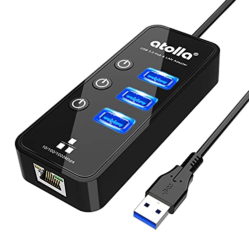 USB LAN Adapter, atolla USB Ethernet Adapter mit 3 USB 3.0 Ports und einzelnen LED-beleuchteten Netzschaltern, RJ45 Netzwerkadapter kompatibel mit Windows 10, 8, 7, Vista, XP, Mac OS, Linux usw von atolla