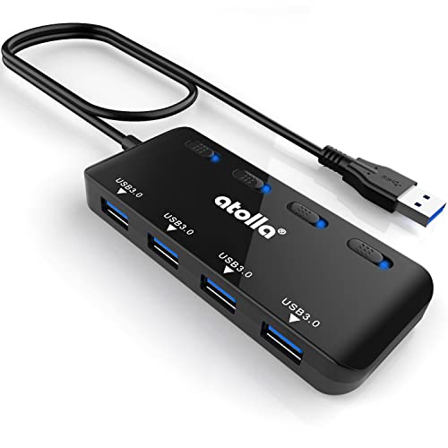 atolla USB 3.0 Hub Steckdosenleiste, Data Hub 4 Ports, ultradünn, mit verlängertem Kabel von 60 cm und Kontrollleuchten für einzelne Netzschalter.. von atolla