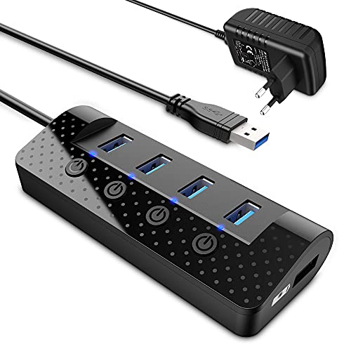 atolla USB Hub Aktiv 3.0 mit Netzteil, 4-Port USB 3.0 Hub 5Gbps Datenhub mit Einzelnen Power Schalter und 1 Intelligenter Charging Port, 15W(5V/3A) Netzteil Adapter von atolla