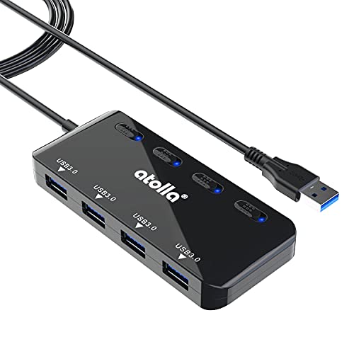 atolla USB Hub mit 4 USB 3.0 Ports, 60cm Kabel, Ultra dünn USB Verteiler mit einzelnen Power Schalter und LEDs für PC, Mac Pro/Mini, iMac, MacBook Air, Surface Pro, USB Flash Drives, Mobile HDD von atolla