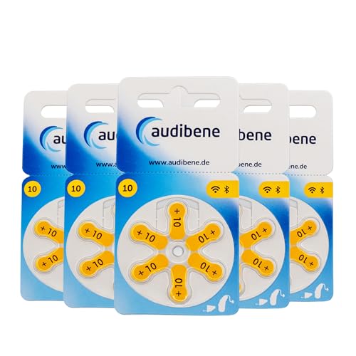 audibene Hörgerätebatterien Typ 10 gelb, Batterien für Hörgeräte 30 Stück Vorratspack, Made in Germany, inkl. GRATIS Reinigungstuch, Wireless Approved, quecksilberfrei von audibene