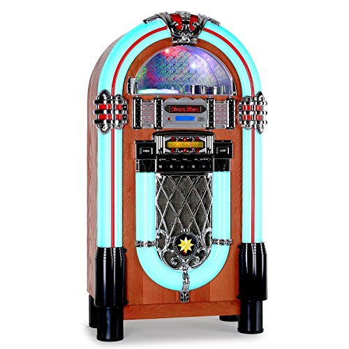 AUNA Graceland XXL - Jukebox, Retro Musikbox, MP3-fähiger CD-Player, USB-Port, SD-Karten Slot, 3,5 mm-Klinke AUX-Eingang, UKW Radio, 2-Band Equalizer, LED-Beleuchtung, Lichtwechsel, türkis von auna