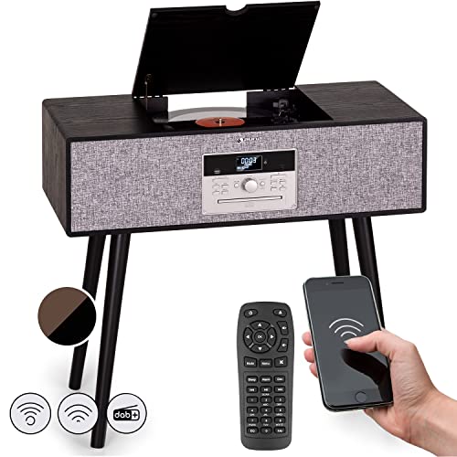 Auna Plattenspieler für Schallplatten, Plattenspieler mit Lautsprecher, MP3, CD-Player & USB, Schallplattenspieler mit Bluetooth & Fernbedienung, DAB+/FM Radio, Moderner Plattenspieler mit Beinen von auna