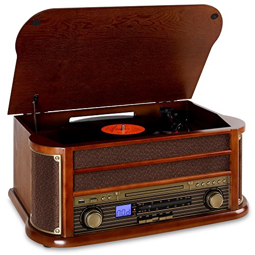 Auna Plattenspieler mit Lautsprecher, Retro mit Bluetooth und 3 Geschwindigkeiten, Schallplattenspieler im Vintage Design, Vinyl Record Player mit AUX, für Schallplatten von auna