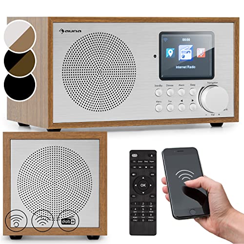 Auna Radio, Tragbares Internetradio, DAB Radio mit Bluetooth, DAB/DAB+/FM Radio mit Stereo-Lautsprecher, Küchenradio mit HCC Display, Digitalradio Klein, DAB Plus Radio mit Fernbedienung Holz-Silber von auna