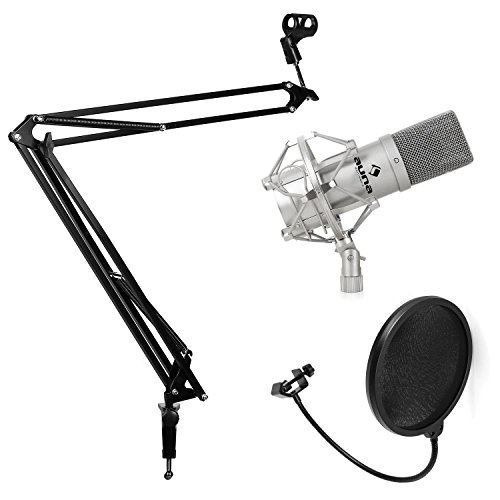 Auna Studio Mikrofon Set mit USB-Kondensator-Mikrofon, Mikrofonarm-Mikrofonstativ & Pop-Schutz (16mm Elektretmikrofonkapsel, inkl. Mikrofonspinne, Tisch-Halterung mit Mikrofonklemme) silber von auna