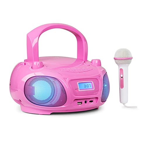 Auna Tragbarer Radio für Kinder mit CD Player, Mikrofon und USB, 3 W Boombox mit Bluetooth Funktion, AUX/FM Radio Tragbar mit LED-Display, MP3, 5.0 Streaming, CD-Radio mit für Mädchen und Jungen von auna