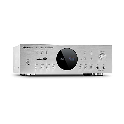 auna AMP Verstärker - Stereo-HiFi-Verstärker für Karaoke, Radio oder Heimkino, USB- und SD-Anschluss, Frequenz: 20 Hz bis 20.000 Hz, 43 x 14,5 x 30,5 cm (BxHxT), Silber von auna
