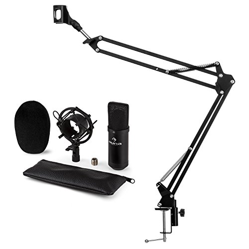 auna CM001B Mikrofon-Set V3 Kondensatormikrofon + Mikrofonarm (XLR-Mikrofon, Niere, Mikrofonspinne, Windschutz, Faltbarer Mikrofonarm mit Tischplatten-Klemmschraube) schwarz von auna