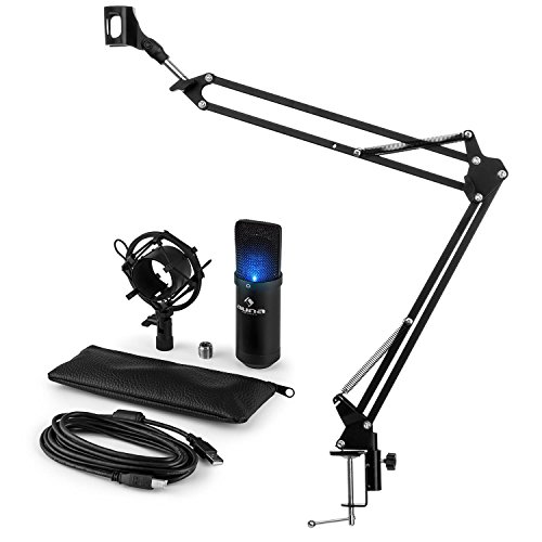 auna MIC-900B-LED Mikrofonset V3 Kondensatormikrofon + Mikrofonarm (USB-Mikrofon mit LED-Leuchte, Nierencharakteristik, schwarz, Mikrofonspinne, Mikrofonhalterung) von auna