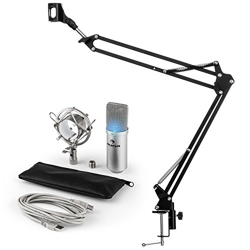 auna MIC-900S-LED Mikrofonset V3 Kondensatormikrofon + Mikrofonarm (USB-Mikrofon mit LED-Leuchte, Nierencharakteristik, Silber, Mikrofonspinne, Mikrofonhalterung) von auna