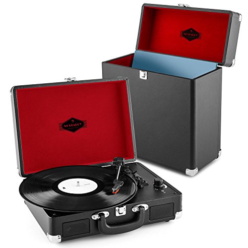 auna Peggy Sue Record Collector Set Schallplattenspieler + Plattenkoffer (USB-Anschluss zum Digitalisieren, 2 Lautsprecher, Tragegriff, Platz für 30 LP, Retro Design) schwarz von auna