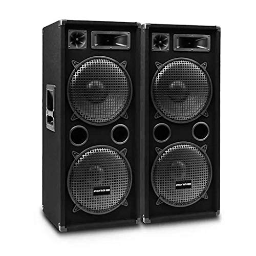 auna Pro PW - Passive PA-Lautsprecher PA-Boxen, 2er-Set: 2 x PA-Box, 2 x 38 cm (15") Subwoofer, Belastbarkeit: 750 Watt RMS / 1500 Wmax., 3-Wege-Bauweise, Piezo-Hochtöner, Horn-Mitteltöner, schwarz von auna