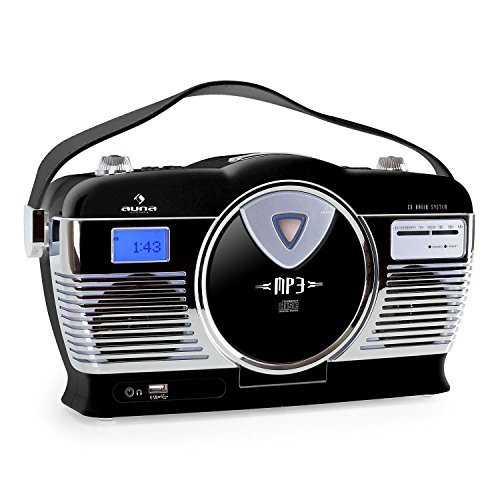 auna RCD-70 Retro CD-Radio Nostalgie Radio (UKW Radio, MP3-fähiger USB-Port, frontlader CD- / MP3-Player, programmierbare Wiedergabe, Zufallswiedergabe, Netz- / Batterie-Betrieb, Tragegriff) schwarz von auna