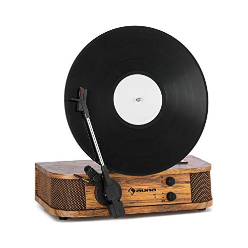 auna Verticalo Retro Plattenspieler - Schallplattenspieler mit vertikalem Plattenteller, Vinyl Player mit Stereolautsprecher, USB, Bluetooth, AUX, Holzoptik, ohne DAB+/UKW, 36 x 38 x 21,5 cm (BxHxT) von auna