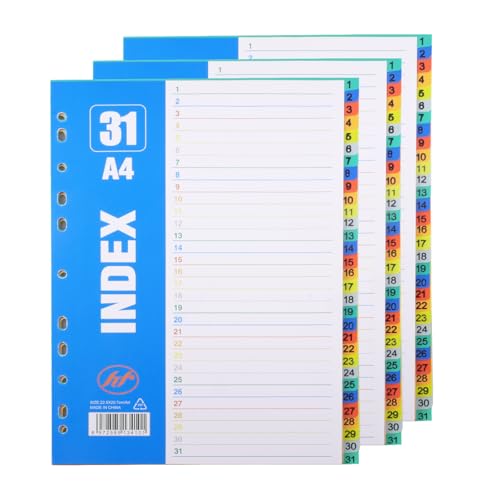 aupawdy 3 Stück 31-teilig Register für A4, 31-teiliges Register für Ordner A4 1-31, für die Ordner-Organisation im Büro (1-31) von aupawdy