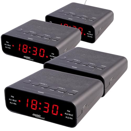 auvisio Radiowecker Digital: UKW-Radiowecker mit 2 Weckzeiten und LED-Anzeige, Schlummer, 4er-Set (Wecker Digitale Große, Wecker Digital USB) von auvisio