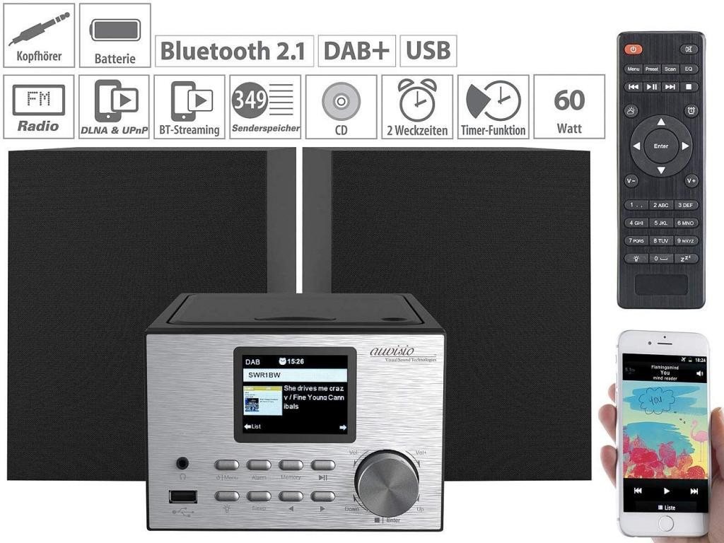 auvisio IRS-500.mini Micro-Stereoanlage mit Webradio, DAB+, FM, CD, USB, Stereoanlage (Digitalradio (DAB), FM, 30 W, Bluetooth 2.1 System mit FM/DAB+, CD-Player) von auvisio