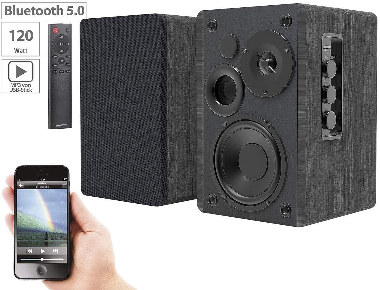 auvisio MSS-95.usb Aktiv-Stereo-Regallautsprecher-Set Holz-Gehäuse Bluetooth Regal-Lautsprecher (50 W) von auvisio