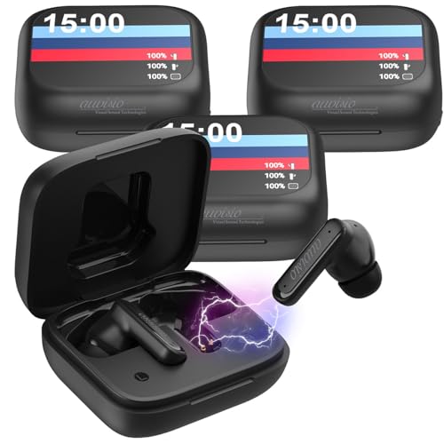 auvisio in-Ear-Kopfhörer Mini: 4er-Set Kabellose In-Ear-Kopfhörer mit Touchscreen-Ladecase & ANC (LCD-Touchscreen-Kopfhörer, klein, Bluetooth) von auvisio