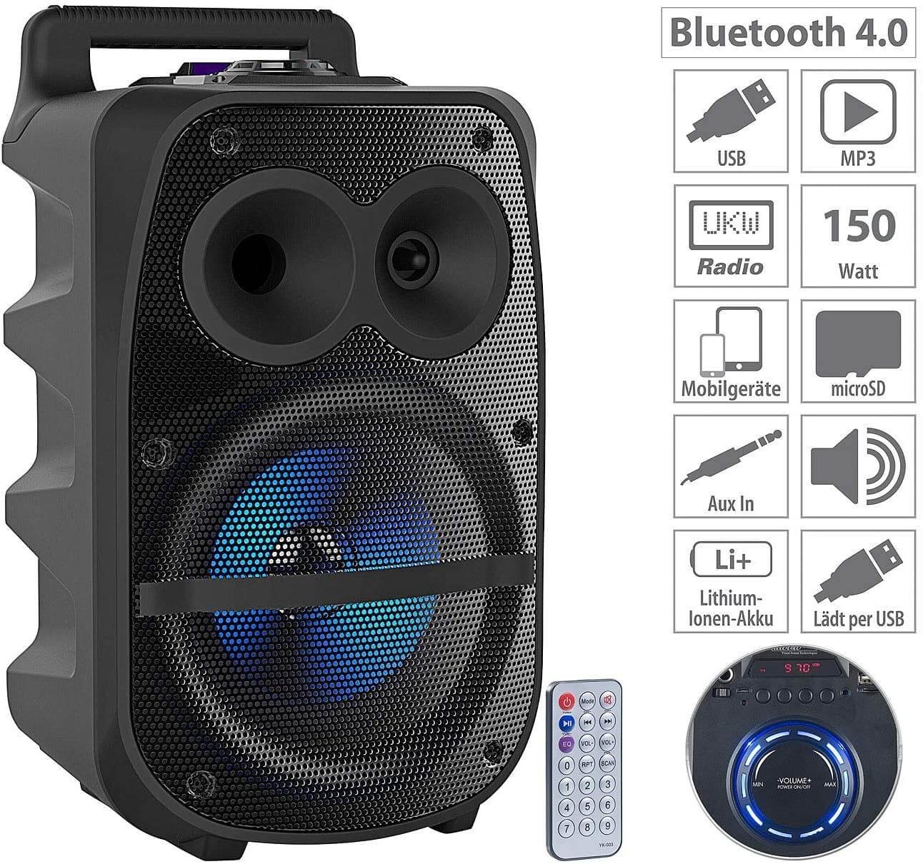 auvisio Partylautsprecher PMA-950.k Mobile PA-Partyanlage Bluetooth MP3 USB Party-Lautsprecher (25 W, blaue LED Beleuchtung) von auvisio