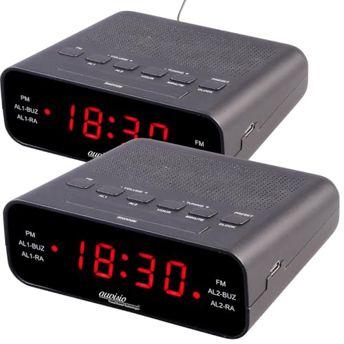auvisio Uhrenradios Radiowecker: UKW-Radiowecker mit 2 Weckzeiten und LED-Anzeige, Schlummer, 2er-Set (Radiowecker mit Batterie, LED Wecker Digital, Audio Kabel) von auvisio