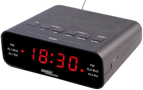 auvisio Uhrenradio: UKW-Radiowecker mit 2 Weckzeiten und LED-Anzeige, Schlummer-Funktion (Radio mit Uhr, Uhrenradio Radiowecker, Audio Kabel) von auvisio