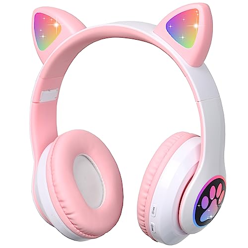 auvstar Bluetooth-Katzenkopfhörer Kopfhörer Katzenohren Kinderkopfhörer mit LED Leuchten RGB-licht Faltbarer Over Ear Kopfhörer für Kinder mit Mikrofon Headset Bluetooth Kopfhörer Mädchen (Rosa) von auvstar
