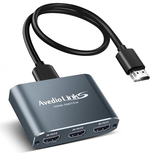 HDMI Switch 4K, Aluminium 4K 60HZ HDMI Switch 3 in 1 Out, HDMI Umschalter Unterstützt 4K@60HZ, 3D, HDCP2.2, HDR10, 18 Gbit/s für Fire Stick, PS5, Xbox, DVD, Blu-Ray mit 1.2M HDMI Kabel von avedio links