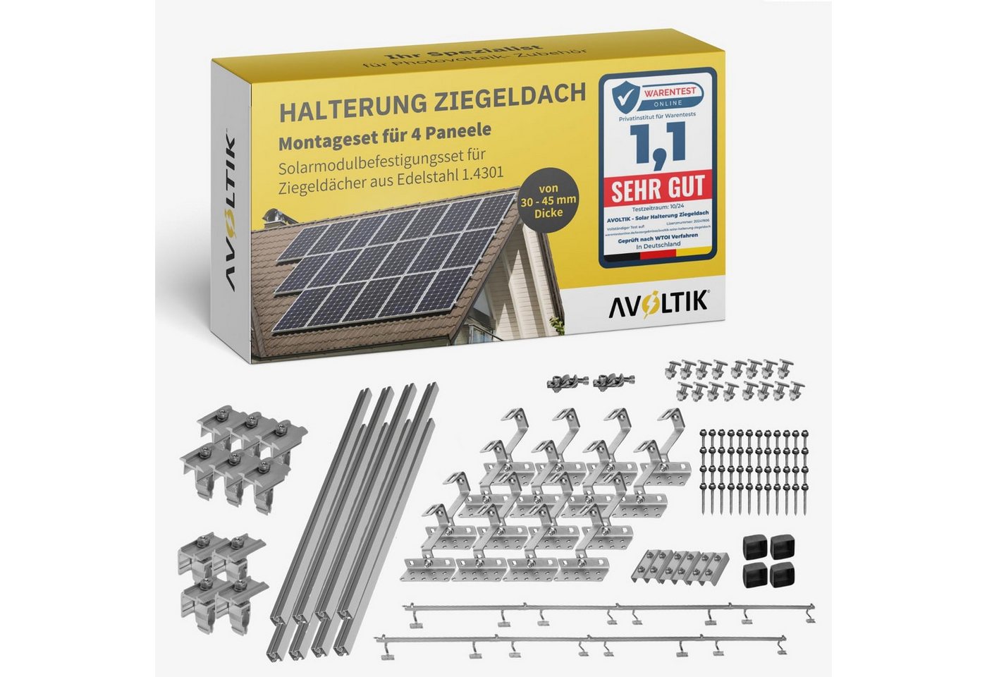 avoltik Halterung Ziegeldach Montageset Dach Befestigung f 4 Solarmodule Solarmodul-Halterung, (Avoltik Montageset für 4 Solrmodule., Das robuste Dach Solarhalterung Set besteht aus vielen Einzelteilen) von avoltik