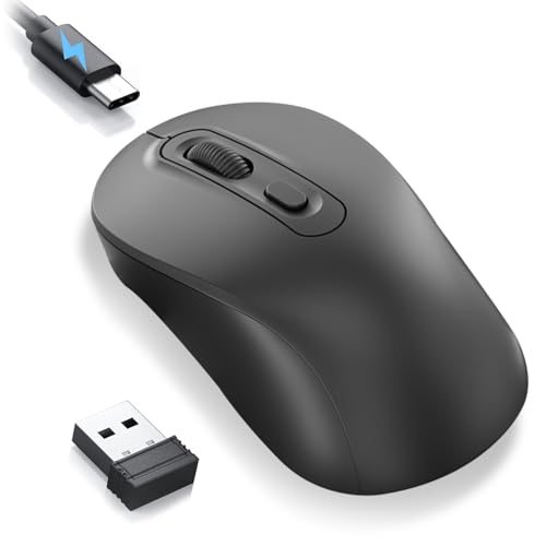 aweskmod Kabellose Maus, 2,4 G kabellose Maus, wiederaufladbar, 4 einstellbare DPI kabellose Maus mit USB und Typ-C Konverter für Laptop, PC, Mac, ergonomisches Design, mattschwarz von aweskmod