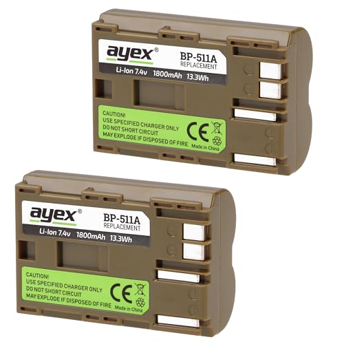 ayex BP-511a Akku 2er Set Kompatibel mit Canon z.B. EOS 10D 30D 50D 5D 300D Powershot G1 G6 Pro 1 UVM Langlebig & zuverlässig 100% kompatibel ayex BP-511a Akku 2er Set Kompatibel mit Canon z.B. EOS 10D 30D 50D 5D 300D Powershot G1 G6 Pro 1 UVM Langlebig & zuverlässig 100% kompatibel von ayex