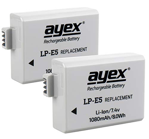 2er Set ayex LP-E5 Li-Ion-Akku für z.B. Canon EOS 450D, 500D, 1000D, Rebel Xsi, Rebel T1i, Rebel XS - Leistungsstark, zuverlässig und langlebig 100% Kompatibel von ayex