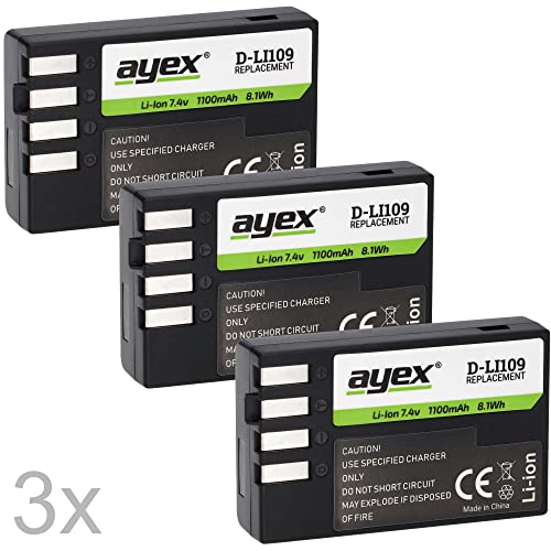 3 x ayex D-Li109 Li-Ion Akku für z.B. Pentax K-30, K-S2, K-S1, K-500, K-50, K-R GH5 - zu 100% kompatibel mit Pentax-Kameras und -Ladegeräten, langlebig und zuverlässig von ayex