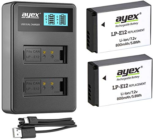 Power-Paket mit 2 x ayex LP-E12 Akku + USB Dual-Ladegerät, Für z.B. Canon EOS M, M2, M 10, M50 Mark (II), M100, M200, 100D, PowerShot SX70 HS - Aktions-Paket zum Vorteilspreis, 100% kompatibel von ayex