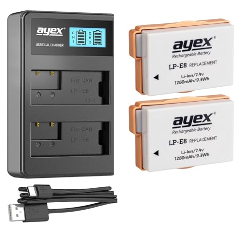 Power-Paket mit 2 x ayex LP-E8 Akku + USB Dual-Ladegerät - Aktions-Paket zum Vorteilspreis, 100% kompatibel - Für z.B. Canon EOS 550D, 600D, 650D, 700D von ayex