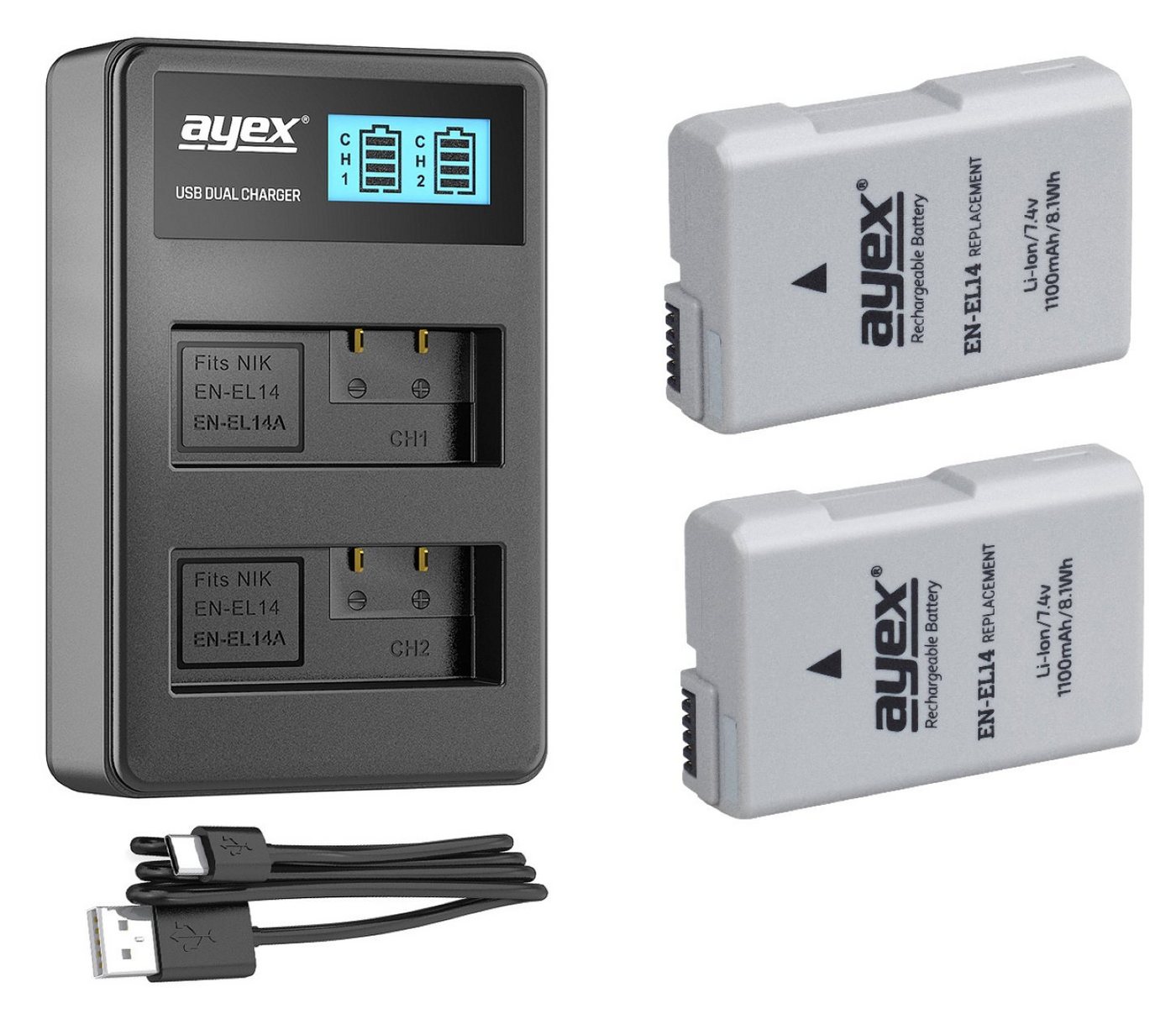 ayex 2 x Akku EN-EL14 für Nikon u. 1 x ayex USB Dual- Ladegerät Kamera-Akku von ayex