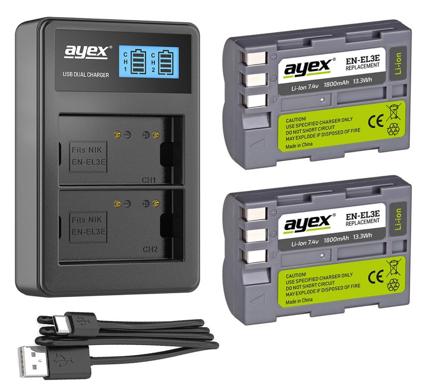 ayex 2 x ayex Akku EN-EL3e für Nikon u.1 x ayex USB Dual-Ladegerät Kamera-Akku von ayex