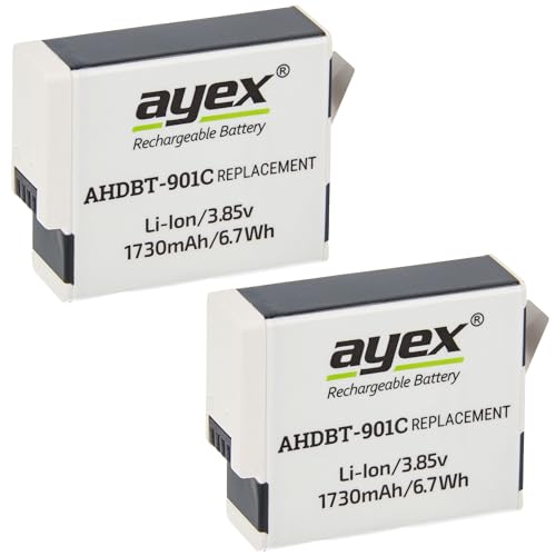 ayex AHDBT-901 2er Set Akku Passend für GoPro Hero 11 Hero 10 Hero 9 zuverlässig geringe Selbstentladung Bundle von ayex