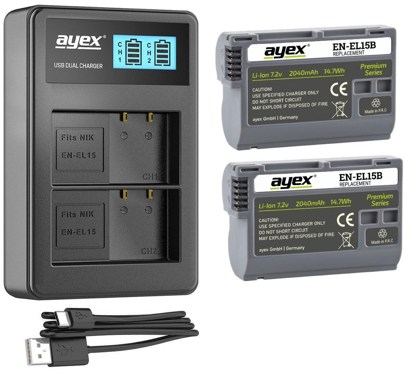 ayex 2x EN-EL15B Akku für Nikon + USB Dual-Ladegerät Kamera-Akku von ayex