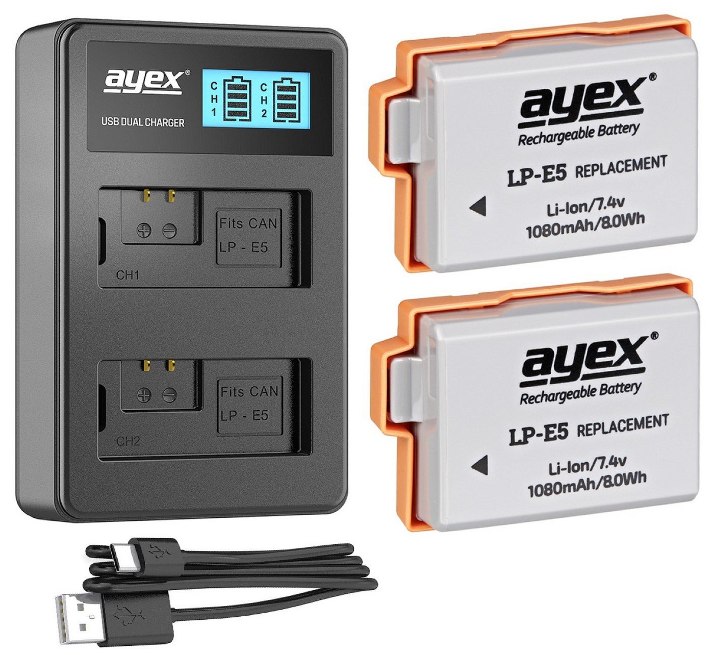 ayex 2x LP-E5 Akku für Canon + USB Dual-Ladegerät Kamera-Akku von ayex