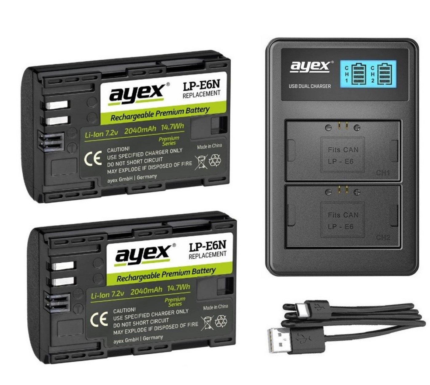 ayex 2x LP-E6N Akku für Canon + USB Dual-Ladegerät Kamera-Akku von ayex