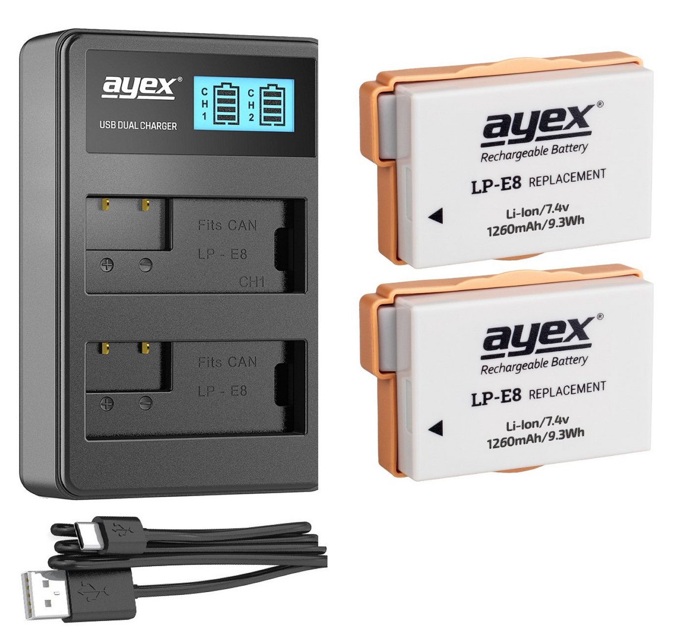 ayex 2x LP-E8 Akku für Canon+1x USB Dual-Ladegerät für zB Canon 700D 600D Kamera-Akku ayex 2x LP-E8 Akku für Canon+1x USB Dual-Ladegerät für zB Canon 700D 600D Kamera-Akku von ayex