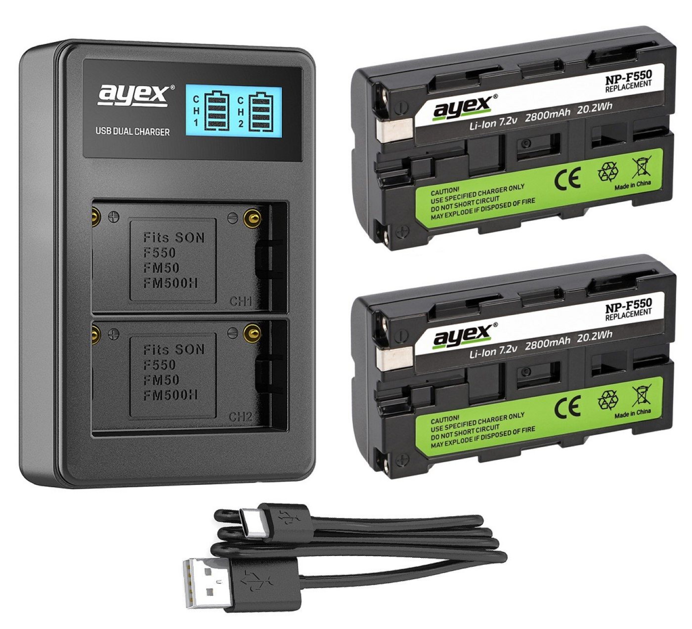 ayex 2x NP-F550 Akku für Sony + USB Dual-Ladegerät Kamera-Akku von ayex
