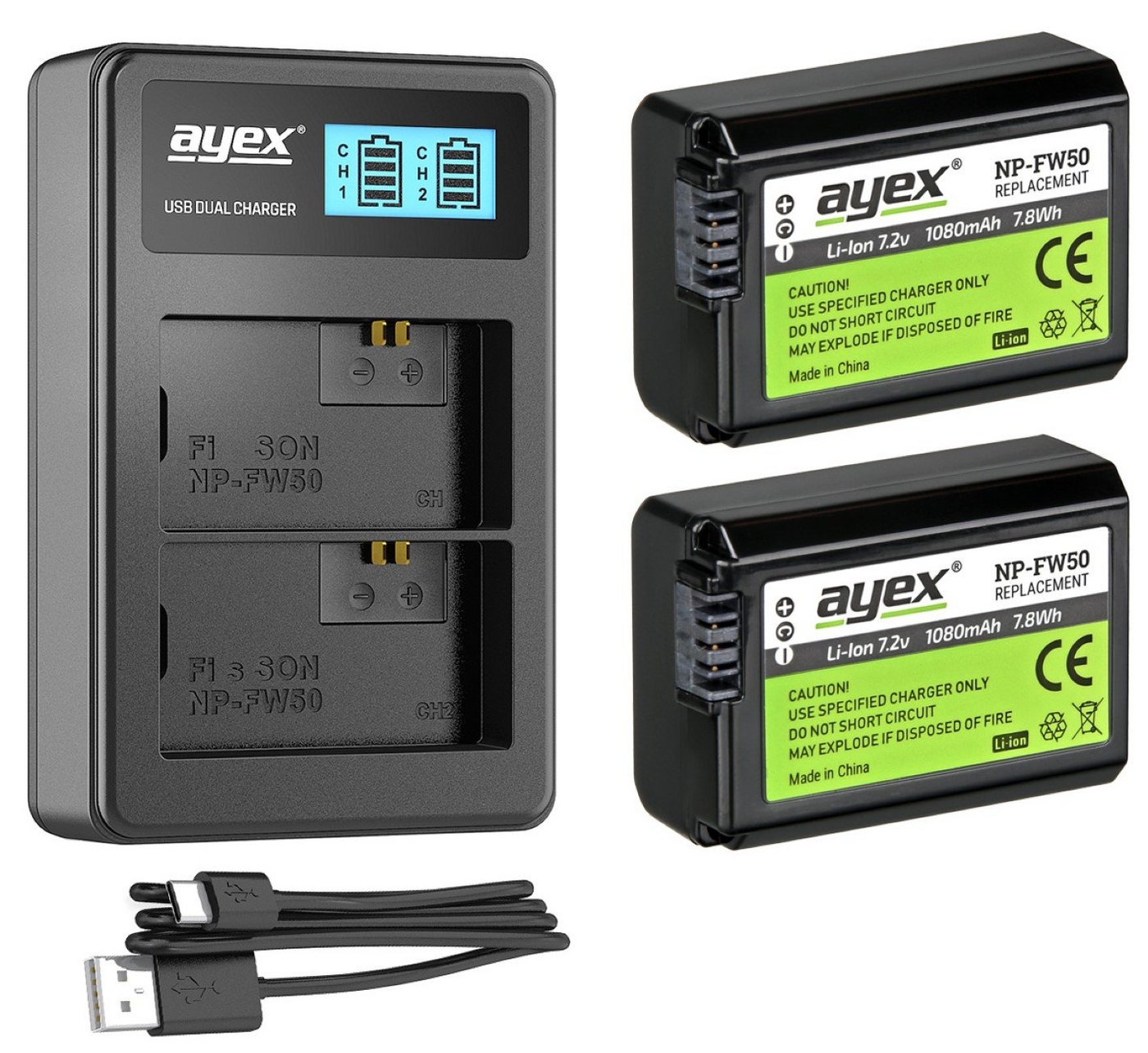ayex 2x NP-FW50 Akku für Sony + USB Dual-Ladegerät Kamera-Akku von ayex