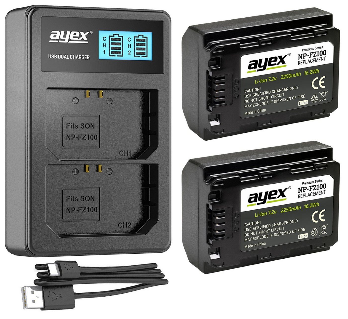 ayex 2x NP-FZ100 Akku für Sony 1x USB Dual- Ladegerät Kamera-Akku von ayex
