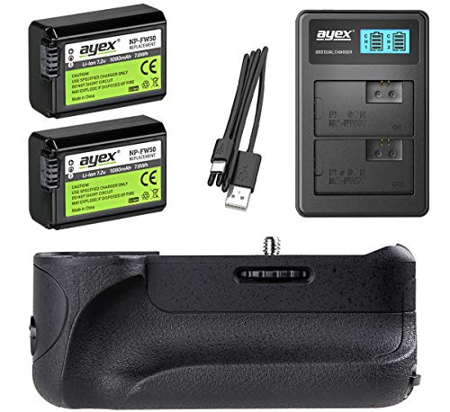 ayex Batteriegriff Set Kompatibel mit Sony Alpha A6300 A6000 + 2X NP-FW50 Akku + USB Dual-Ladegerät Akkugriff wie VG-A6300 von ayex