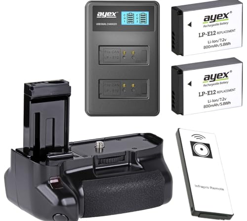 ayex Batteriegriff Passend für Canon EOS 100D Inkl. IR-Fernauslöser + 2 x LP-E12 Akku + 1 x USB Dual Ladegerät ähnlich BG-100DH Akkugriff von ayex