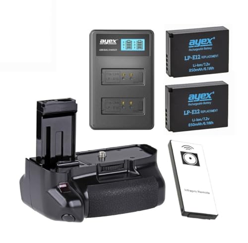 ayex Batteriegriff Passend für Canon EOS 100D Inkl. IR-Fernauslöser + 2 x LP-E12 Akku + 1 x USB Dual Ladegerät ähnlich BG-100DH Akkugriff ayex Batteriegriff Passend für Canon EOS 100D Inkl. IR-Fernauslöser + 2 x LP-E12 Akku + 1 x USB Dual Ladegerät ähnlich BG-100DH Akkugriff von ayex