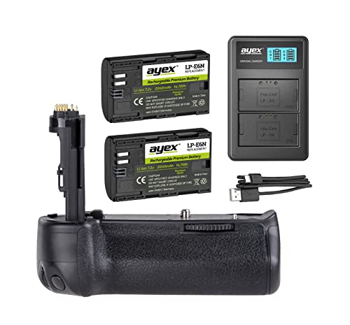 ayex Batteriegriff Passend für Canon EOS 6D (ähnlich BG-E13) - Inkl. 2 x ayex LP-E6N Akku u. 1 x ayex USB Dual- Ladegerät, Akkugriff optimal zum Fotografieren im Hochformat von ayex